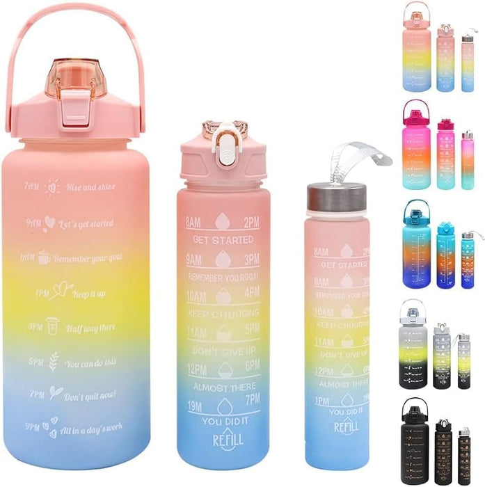 M.T 3 Pcs/set Motivational Water Bottle with Time Capacity Marker, Leakproof Gradient Color Plastic Water  Bottle with Straw, With sticker  gym use 500ml/900ml/2000ml