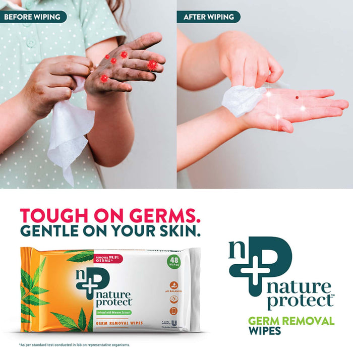 Nature Protect Germ-Removal Multipurpose Wipes With Neem, Kill Germs, Sanitize Hands & Surfaces, 100% Biodegradable, 48 Pulls pack of 3 set 144 pulls