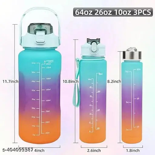 M.T 3 Pcs/set Motivational Water Bottle with Time Capacity Marker, Leakproof Gradient Color Plastic Water  Bottle with Straw, With sticker  gym use 500ml/900ml/2000ml